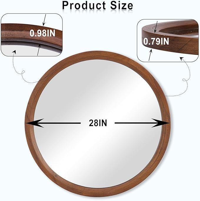 MAGFLERUM 28 Inch Round Wood Circle Mirror - Boho Style Wall Decor for Bedroom, Living Room, Hallway (Brown)