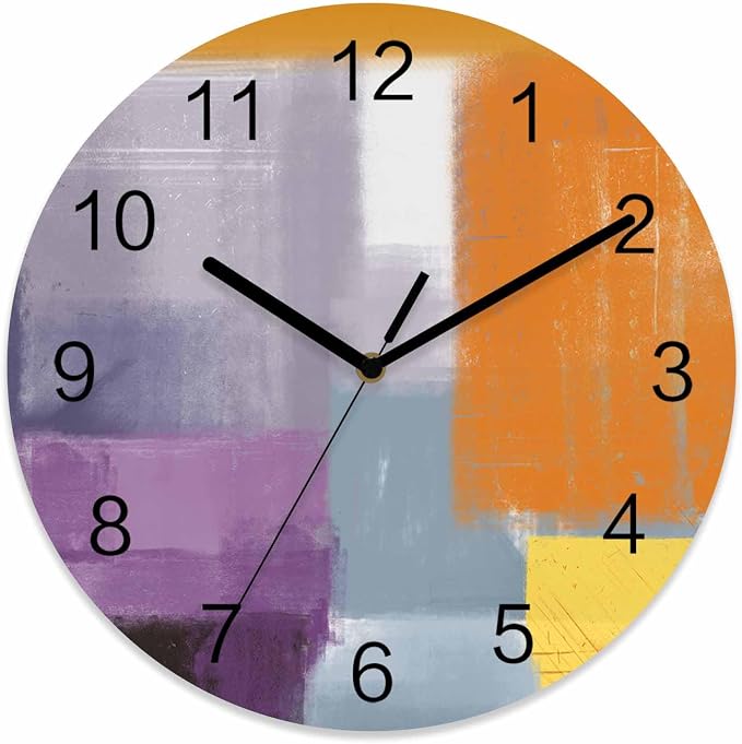 Abstract Painting Art Style Purple Orange Grey Yellow Wall Clock Battery Operated Non-Ticking 12" Round Wood Clocks, Kitchen Wall Clock for School Bathroom Living Room Home Office Wall Decor
