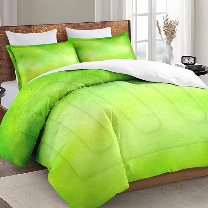 Comforter Set with 2 Pillowcases King Size, Modern Lime Green Lemon, Bed Decor Watercolor Pastel Dye Stained Abstract for Kids and Adults, Soft Cozy Bedroom Bedding Set