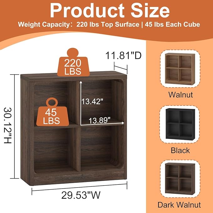 FATORRI 4 Cube Storage Organizer Bookshelf, Small Cube Bookcase, Wood Cubby Shelf for Living Room, Home Office, Bedroom (Dark Walnut, 29.53 Inch)
