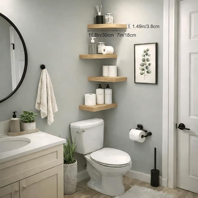 Bathroom Floating Shelves for Wall, Oak Small 11.8" Floating Shelf for Storage, Display and Warm Farmhouse Rustic Home Decor, Over Toilet Organization for Bedroom, Living Room, 4-Pack