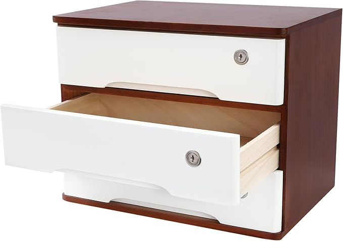 Wooden Desk Organizer with Drawers & Lock Desktop Storage Cabinet Tabletop Organizing Unit for Home Office Supplies File Stationery Jewelry (Dark Brown, 3 Tiers)