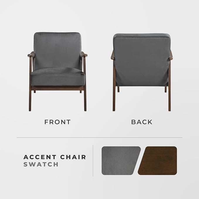 Lexicon Mid Century Modern Chair Velvet Accent Chair for Living Room Chair w/Solid Wood Armrests and Legs, Cushioned Seat and Backrest, Reading Chair and Lounge Chair for Bedrooms/Studios, Dark Grey