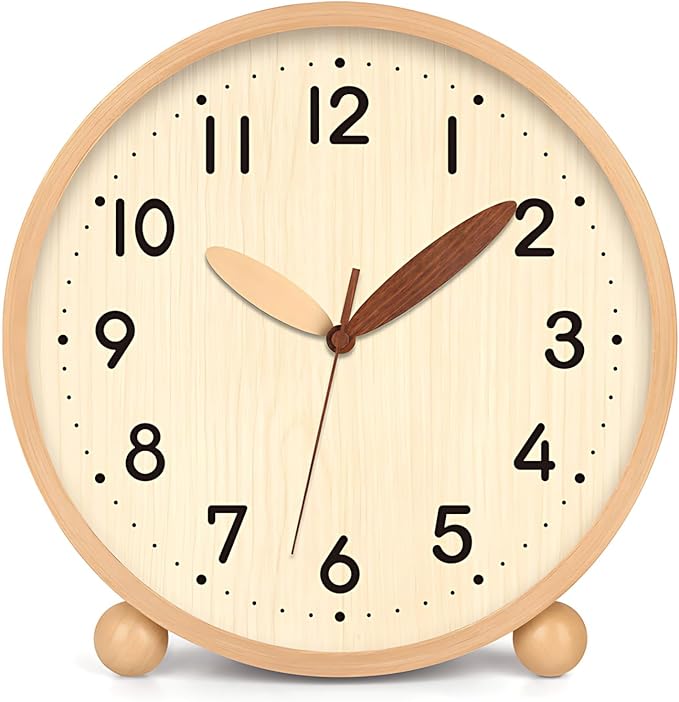 Maxspace Wooden Table Clock,8in Silent Non-Ticking Desk Clock,Battery Operated Desktop Analog Clock for Living Room Bedroom Kitchen Office Classroom Decor (Log - Log)