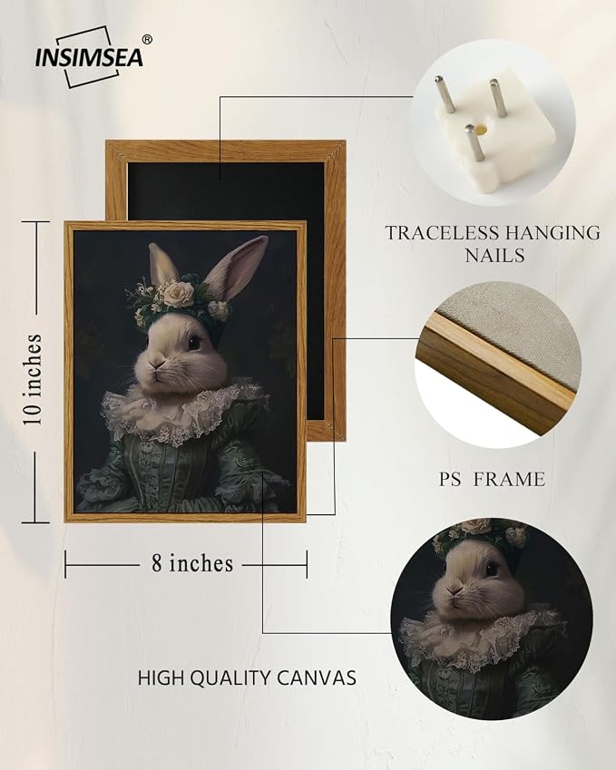 InSimSea Vintage Framed Canvas Wall Art, Easter Bunny Home Decor, Bedroom Living Room Study Bunny Art Print 8x10in