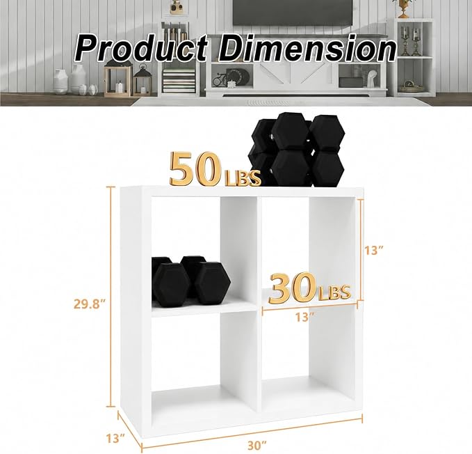 CTESNE【2026 Wooden Thick Frame 4 Cube Storage Organizer Shelf with Anti-Tipping Kits + Reversible Open Back Bookcase, Horizontal and Vertical Dual-use（White,11inch）