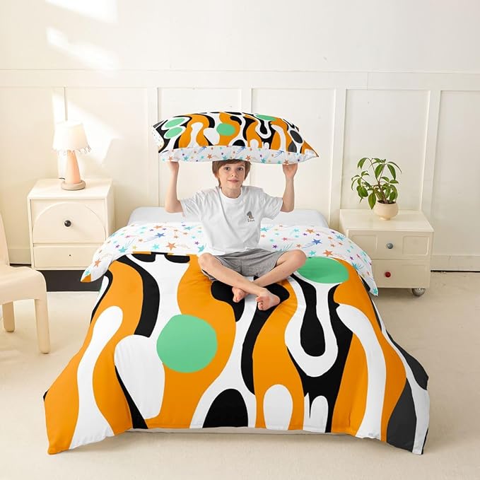Erosebridal Organic Abstract Duvet Cover Set Modern Contemporary Girl Toddler Bedding Set for Child Boys Boho Mid Century Wavy Lines Comforter Cover Retro Geometric Bed Sets,Orange Green
