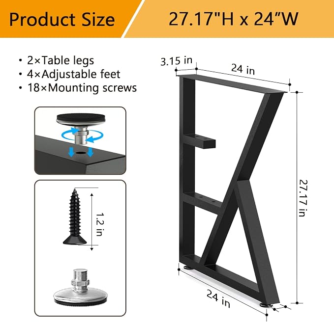 Table Legs 28”H x 24”W Heavy Duty Metal Furniture Legs K Shape for Dining Table Kitchen Table Office Desk Table Base Replacement with Adjustable Feet Pads Screws 1000 LBS Load Black Set of 2