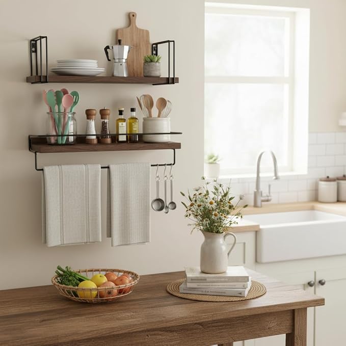 Wall Mounted Shelf with Towel Bar - Solid Walnut Floating Shelves with Metal Frame, Wall Shelf for Coffee Bar Kitchen, Living Room, Office, Bedroom