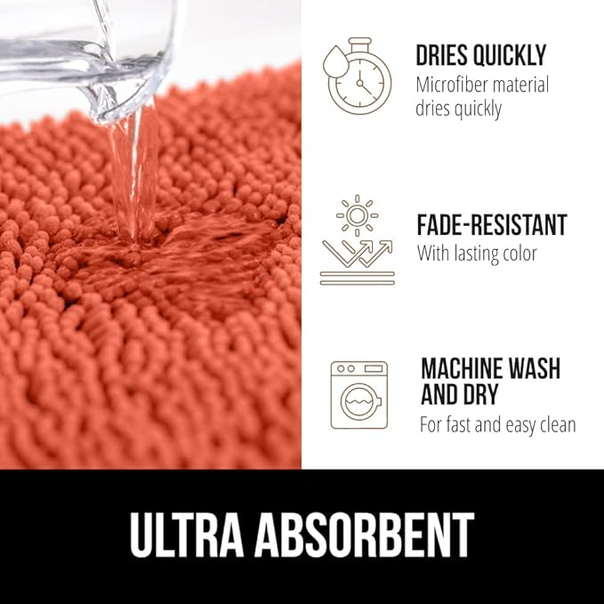 GORILLA GRIP Bath Rug Mat 44x26, Thick Soft Absorbent Chenille, Quick Dry Microfiber Mats, Rubber Backing Washable Shower Floor Rugs, Bathmat Runner, US Designed Bathroom Home Decor Accessories Coral