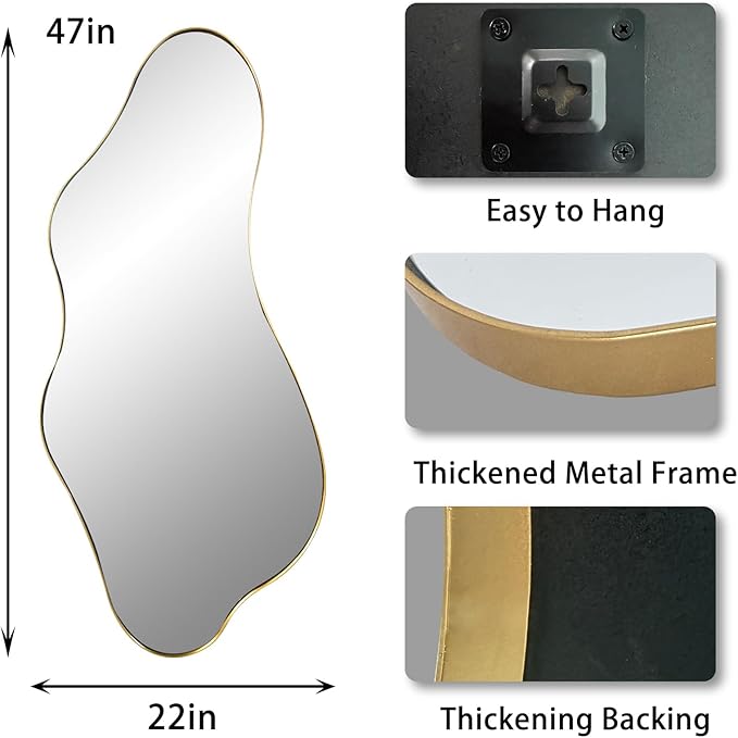 Irregular Wall Mirror, 47"x22" Gold Asymmetrical Mirrors with Metal Frame, Unique Shaped Decorative Mirror, Modern Abstract Mirrors for Living Room Bathroom Bedroom Hallway Entryway