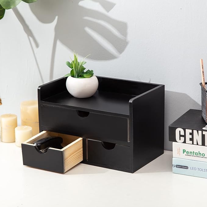 Black Bamboo Desk Organizer Wooden Storage Cabinet 3 Drawers with Shelf Tabletop Organization Box Home Office Workspace Bathroom Toiletries Supplies Caddy Vanity Makeup Stationery Holder