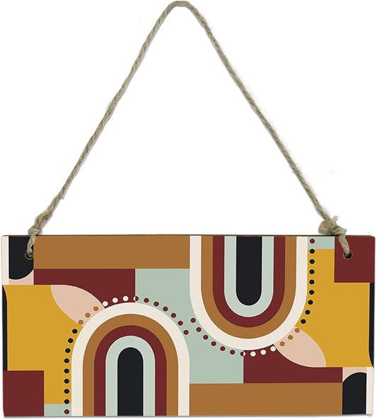 Abstract Geometric Hanging Wood Plaque Sign Wall Decor Welcome Sign, Retro Brown Middle Century Modern Wood Frame with Jute Rope Wall Art Decoration for Bedroom Living Room 8"x4"