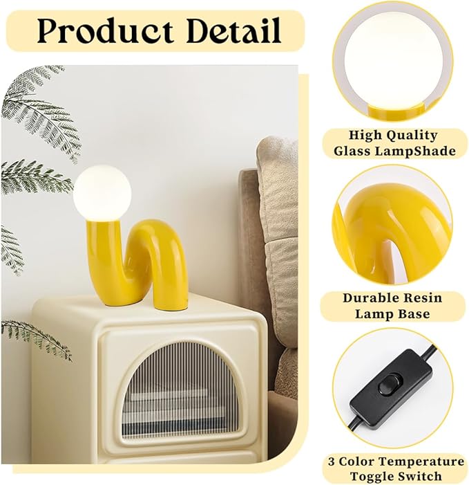Modern Yellow Table Lamp Bauhaus Resin Table Light Aesthetics Milk White Globe Glass Light Fixtures for Bedside Bedroom Living Room Kid’s Room Corner Office