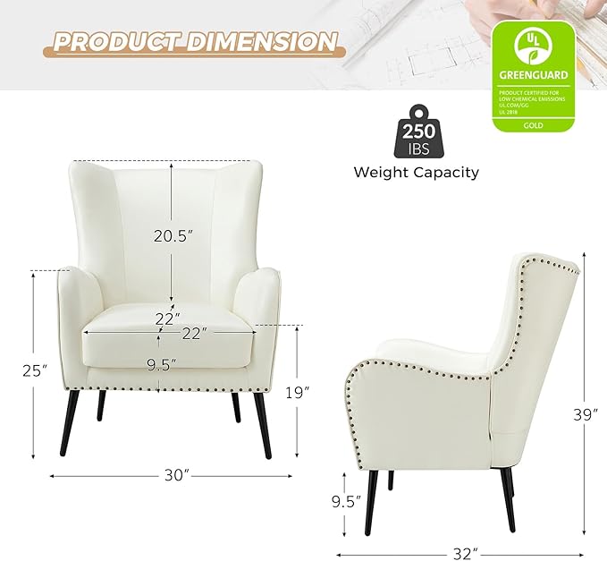 HULALA HOME Faux Leather Accent Chair Set of 2 with Removable Cushion, Comfy Upholstered Armchair with Metal Legs & Nailhead Trim Wingback Vanity Chair for Reading Living Room Bedroom, Ivory