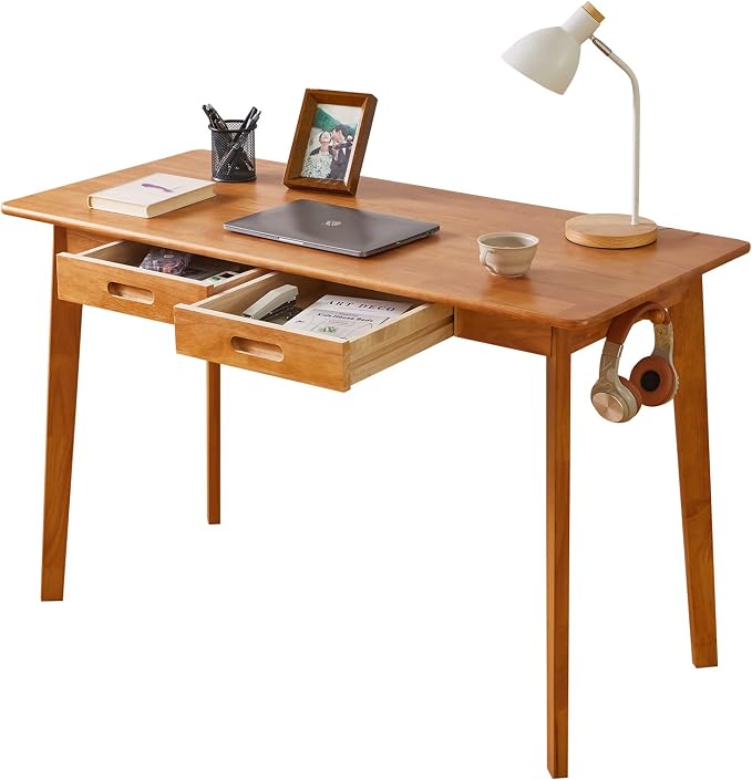Aibiju Wooden Computer Desk with Drawer and Hanging Rod, Modern Minimalist Style PC Laptop Computer Workbench with Solid Wood, 47" Home Office Work Table, Cherry Wood Color YD-WD03N