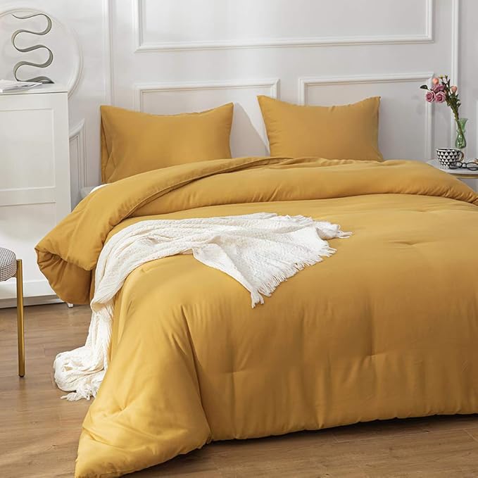 Pureant Mustard Comforter Set Twin Dark Yellow Bedding Comforter Sets Solid Yellow Comforter for Women Girls Soft Turmetric Twin Size Comforter Sets Solid Ginger Blanket Durable