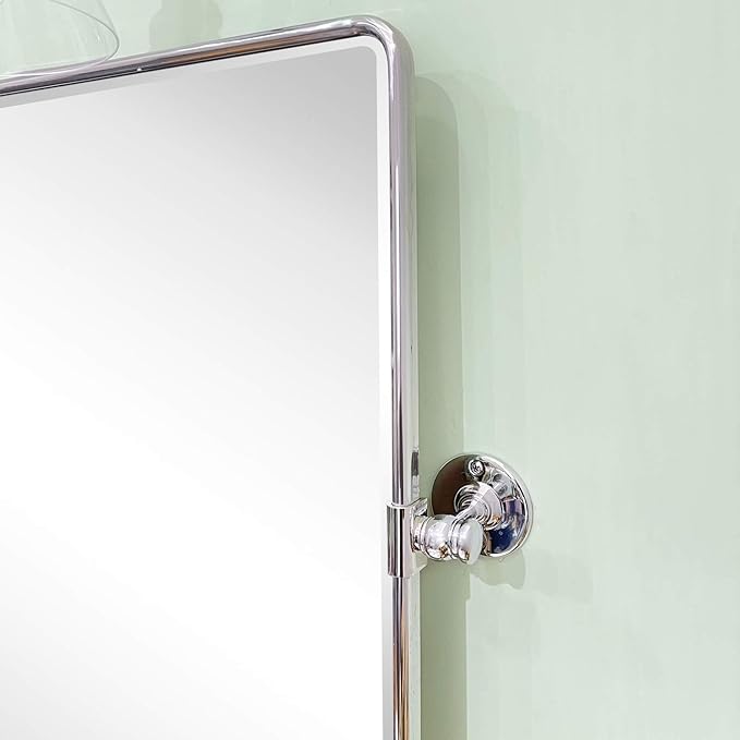 TEHOME Chrome Pivot Rectangle Bathroom Vanity Mirrror Farmhouse Tiltable Rounded Metal Framed Pivoting Bathroom Mirror with Beveled Mirrror, Overall 26.91 x 35 inches (Mirrror 23 x 35 inches)