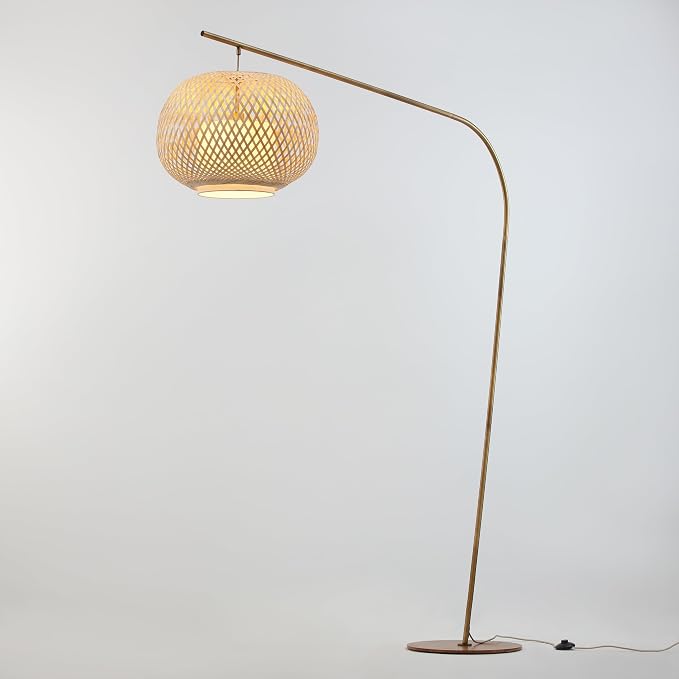 FOS - Modern Bohemian Chic Arch Floor Lamp with Woven Bamboo + Linen Shade - Brushed Brass Finish, Ambient Home Lighting in Living Room, Bedroom, Study, Nursery