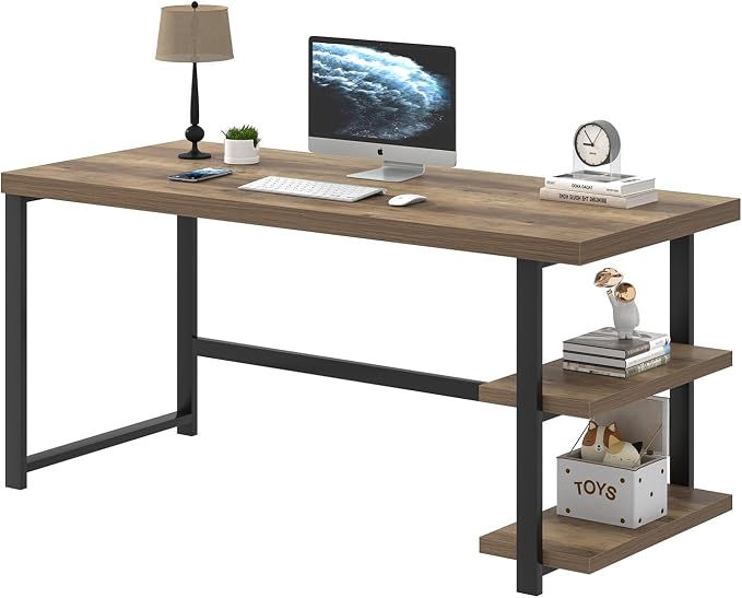 FOLUBAN 60 Inch Home Office Desk, Large Computer Desk with Storage Shelves, Modern Wood and Metal Writing Study Gaming Table Workstation for Living Room, Rustic Oak