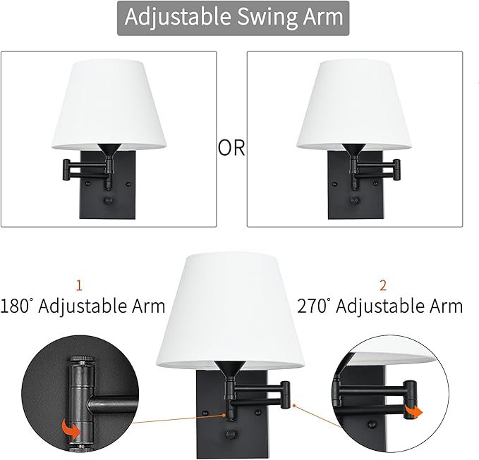 Pauwer Plug in Wall Sconce Set of 2 Swing Arm Wall Lamp with Plug in Cord and Fabric Shade Wall Light Fixtures for Hallway Bedroom Living Room (White Shade)