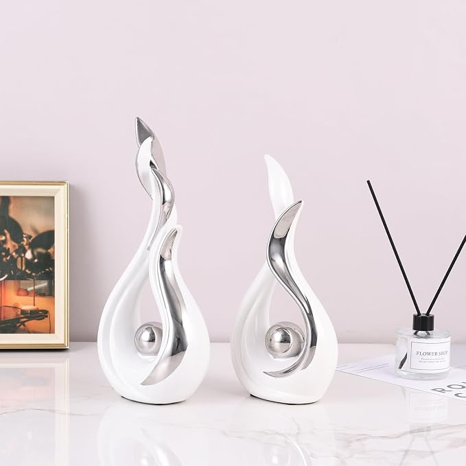 2PCS Abstract Flame Ceramic Sculpture Set – Modern Figurines for Living Room Table Centerpiece, Dining Table Decor, Bedroom Table Decor, Shelf Sculpture, Fireplace, and Home Decoration (White Silver)