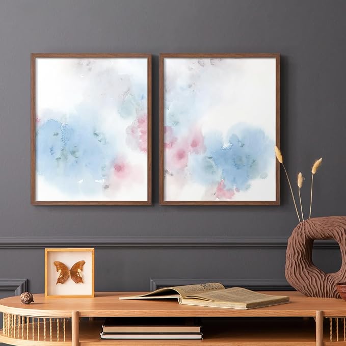 Renditions Gallery Set of 2 Peel & Stick Framed Prints, Watercolor Abstract Wall Art, Cotton Candy Splash Wall Decor, Re-Stickable - Ready to Hang - 8"x10" - Walnut Frame LT588