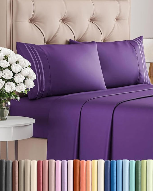Cal King Size 4 Piece Sheet Set - Comfy Breathable & Cooling Sheets - Hotel Luxury Bed Sheets for Women and Men - Deep Pockets, Easy-Fit, Soft and Wrinkle Free Sheets - Purple Oeko-Tex Bed Sheet Set