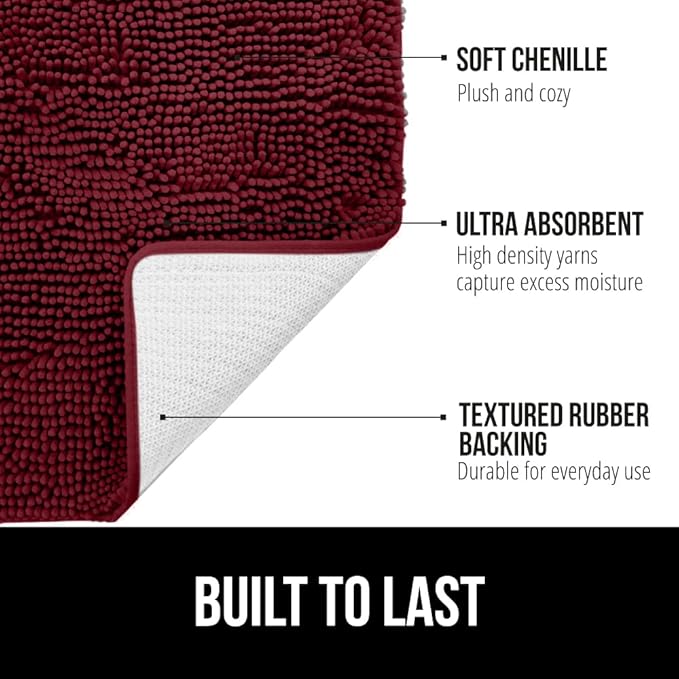 GORILLA GRIP Bath Rug Mat 60x24, Soft Absorbent Chenille, Quick Dry Microfiber Mats, Rubber Backing Washable Shower Floor Rugs, Bathmat Runner, US Designed Bathroom Home Decor Accessories Burgundy