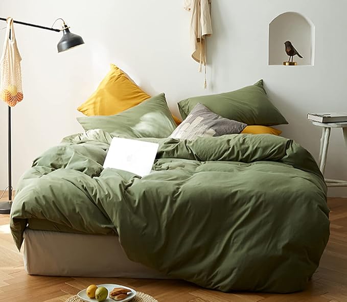 Omelas Olive Green Duvet Cover Full Size Avocado Green Modern Minimalist Style Solid Color Bedding Set Soft Lightweight Microfiber Quilt Cover with Zipper Closure Corner Ties, No Comforter