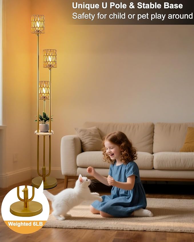 Lightdot Dimmable Boho Floor Lamps for Living Room, 3-Lights Rattan Floor Lamp with Shelves, Farmhouse Floor Lamp, Rustic Gold Standing Lamp with Warmwhite Bulbs Included for Sofa Beside/Corner Decor