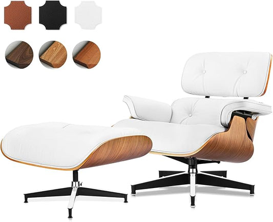 Top Grain Leather, Mid Century Chaise Lounge Chair and Ottoman, Reading Chair, Accent Lounge Chair, Modern Chair, Classic Design, Heavy Duty Base Support for Living Room Lounge Office, Walnut-White