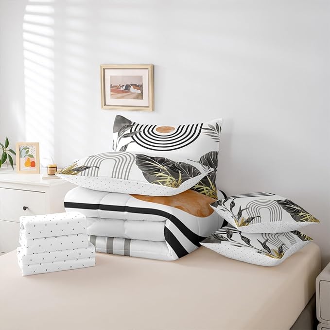 Erosebridal Modern Boho Bedding Set Twin Grey White Aesthetic Comforter Set 7 Piece Abstract Mid Century Bed in A Bag for Kids Girls Women Simple Tropical Palm Leaf Quilt with Flat Fitted Sheet