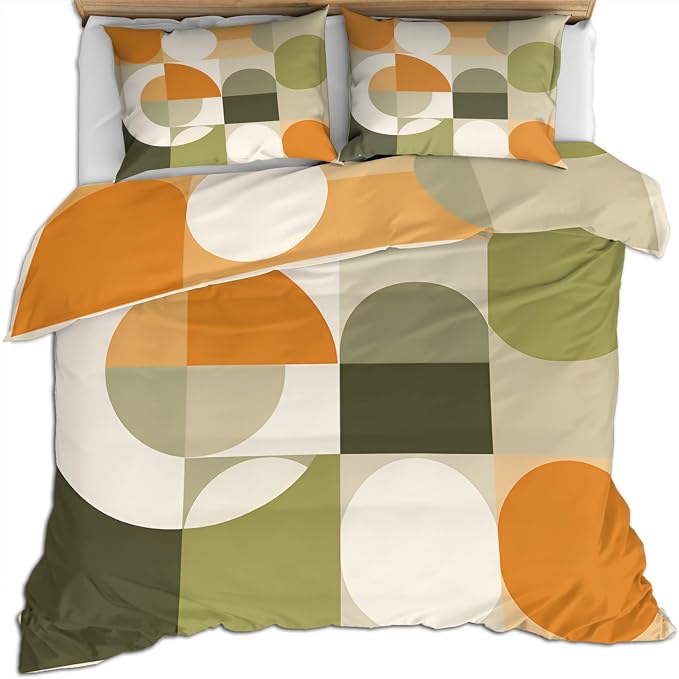 Mid Century Modern Duvet Cover Queen Size, Abstract Geometric Bedding Set 3 Piece Bedroom Decor Circle Medieval Comforter Cover and 2 Pillow Sham with Zipper Closure