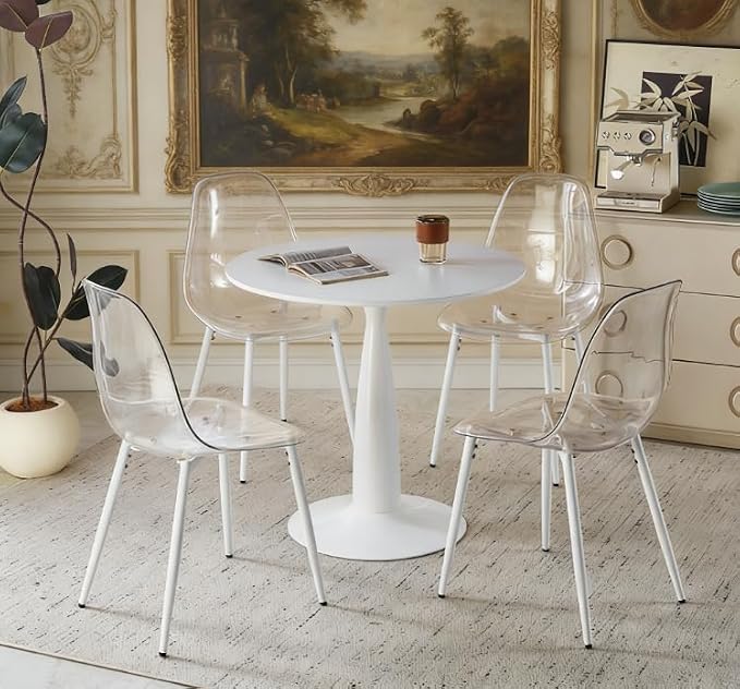 31.5" Round Dining Table Set for 4, Mid Century Modern Round Dining Table with 4 Chairs, w/Pedestal, White Coffee Table Set for Kitchen Dining Room, Office, Save Space (with 4 PET Chairs)