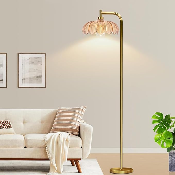 Gold Floor Lamp for Living Room,Bedroom,Mid Century Modern Standing Lamp with Remote,Dimmable Brass Tall Lamp Glass Lamp Vintage Retro Arc Floor Lamps Flower Floor Light Boho Bohemian