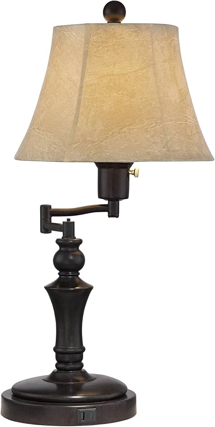 Regency Hill Corey 21.75" High Traditional Natural Cottage Swing Arm Hotel Style Desk Table Lamp with USB Ports A+C Charging Bronze Metal Faux Leather Bell Shade Living Room Bedroom House Bedside