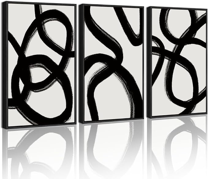 KUVIOKE Black and Gray Abstract Framed Wall Art Ink Wash Minimalist Lines Painting Artwork for Bedroom Hallway 12x16in (Black Framed)