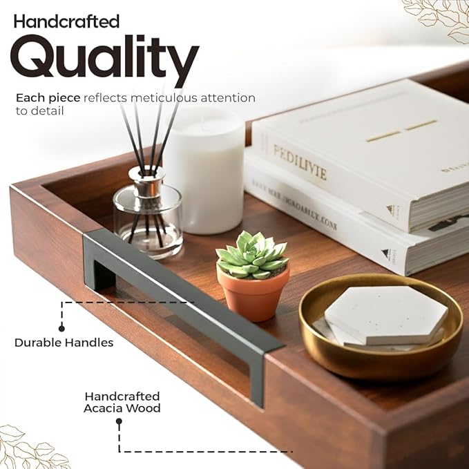Acacia Wood Serving Tray with Handles 16.5"x12" with 2 Silicone Mats – Large Decorative Wooden Ottoman & Coffee Table Tray for Breakfast in Bed, Dinner, Kitchen, Bar, Home Décor & Party Serving