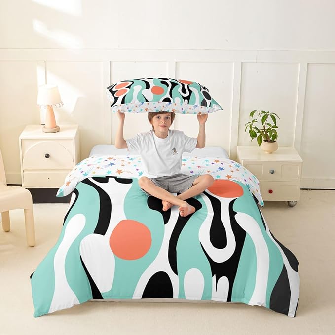 Mid Century Modern Abstract Duvet Cover Set Vintage Geometric Twin Bedding Sets for Girls Preteen Boys Contemporary Organic Shapes Comforter Cover Squiggle Blob Bed Set,Teal Coral Salmon Pink