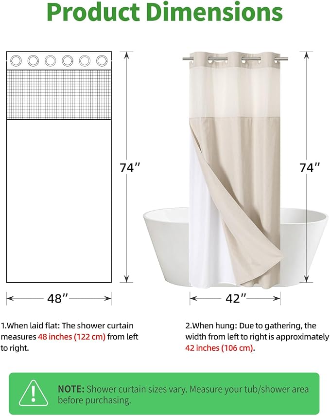Stall No Hooks Needed Linen Textured Shower Curtain with Snap-in Fabric Liner Set,Hotel Luxury Decor Shower Curtains for Bathroom,Waterproof & Washable,48Wx74H,Cream