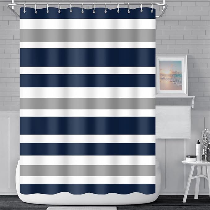 Stripes Fabric Bathroom Curtain Dark Blue Grey Modern Minimalist Shower Curtain with Hooks Polyester Waterproof Abstract Artistic Decor, 72x96 Inch