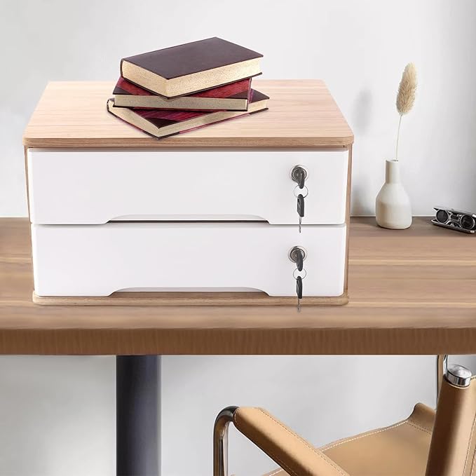 Wooden Desk Organizer with Drawers & Lock Desktop Storage Cabinet Tabletop Organizing Unit for Home Office Supplies File Stationery Jewelry (Light Brown, 2 Tiers)