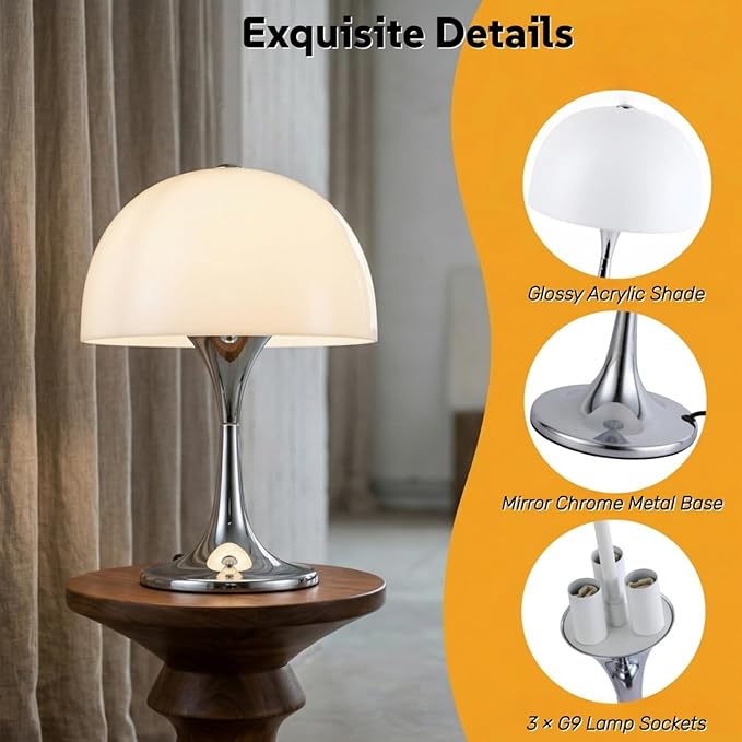 Modern Mushroom Table Lamp, Mid-Century Nightstand Lamp with Smooth Acrylic Shade & Metal Base, 3-G9 Socket Bedside Desk Lamp for Bedroom Living Room Office, Retro Decor Accent Light, Chrome