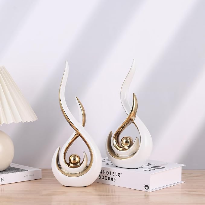 2PCS Abstract Art Ceramic Sculptures, Modern Decor Figurines for Living Room Decorative Objects, Sculptures Home Decor Set for Table, TV Stand, Entryway, Bookshelf Display (White Gold)