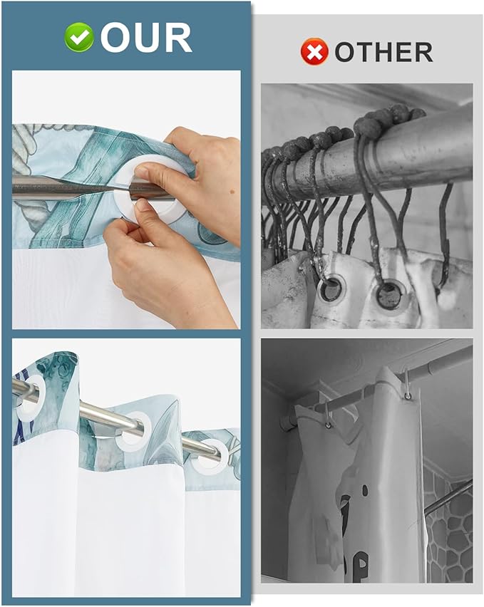 No Hook Shower Curtain with Snap in Liner Set, Coastal Sea Turtle Marine Life Print Shower Curtains for Beach House & Nautical Kids Bathroom, Mesh Top Waterproof Bath Curtain, 71x74 Inch