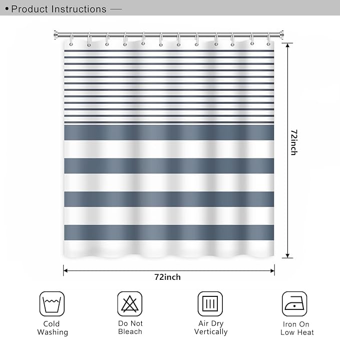 Abstract Stripes Fabric Bathroom Shower Curtain - Navy Blue Lines Modern Minimalist Shower Curtain with Hooks - Polyester Waterproof Artistic Decor, 72x72 Inch