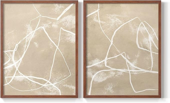 Renditions Gallery Set of 2 Peel & Stick Framed Prints, Neutral Abstract Wall Art, Beige Line Art Pattern Wall Decor, Re-Stickable - Ready to Hang - 22"x28" - Walnut Frame LT588