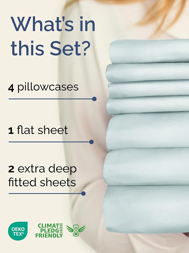 Extra Deep Split King Sheet Set - 7 Piece Breathable and Cooling Sheets - Hotel Luxury Bedding for Women, Men, Kids & Teens - Easy & Secure Fit - Soft and Wrinkle Free - Extra Deep Pockets - Ice Blue