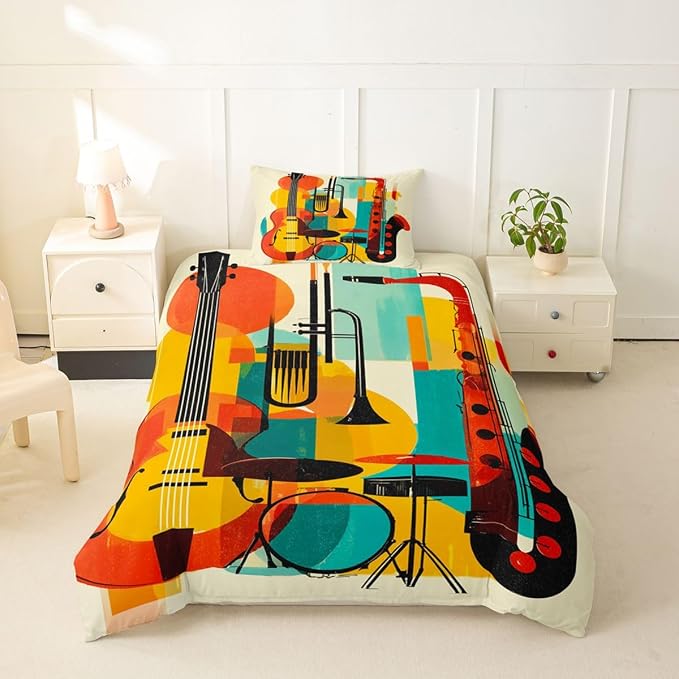 Erosebridal Retro Music Toddler Bedding Set for Kids Adults - Abstract Musical Instrument Duvet Cover Mid Century Modern Jazz Comforter Cover,Trendy Geometric Square Bed Set
